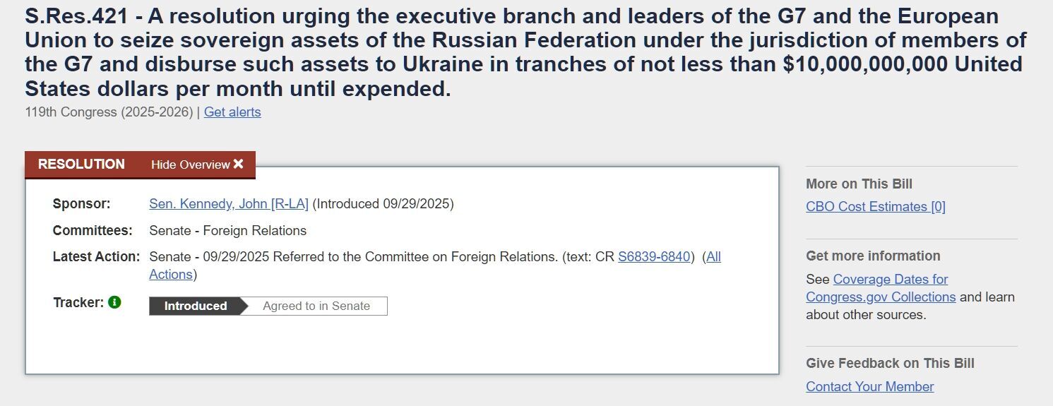 В Сенат США внесли резолюцию о передаче Украине $10 млрд замороженных активов РФ ежемесячно: что известно