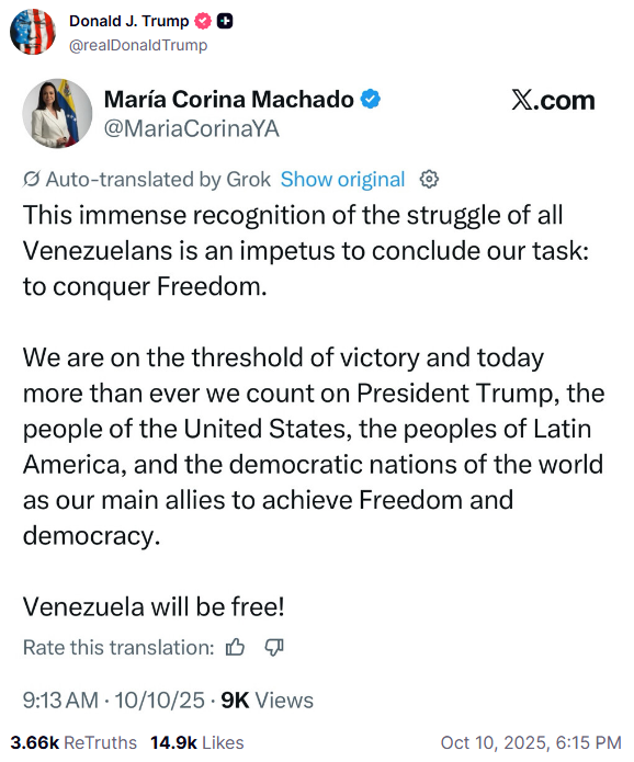 "Я счастлив, потому что спас миллионы жизней": Трамп отреагировал на присуждение Нобелевской премии мира Марии Корини Мачадо. Видео