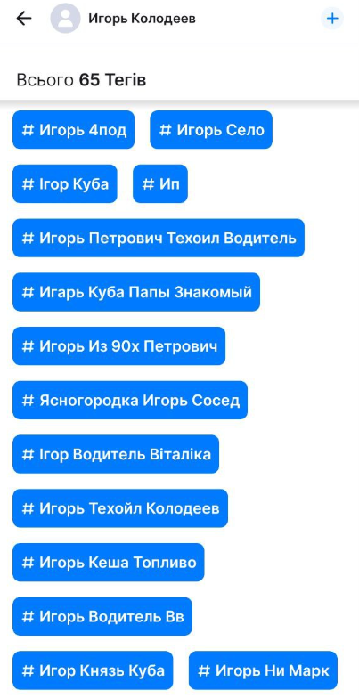 Як Ігор Колодєєв підписаний в інших контактів, цікавими є теги “Ігор Водитель Віталіка” та “Игорь Водитель Вв”