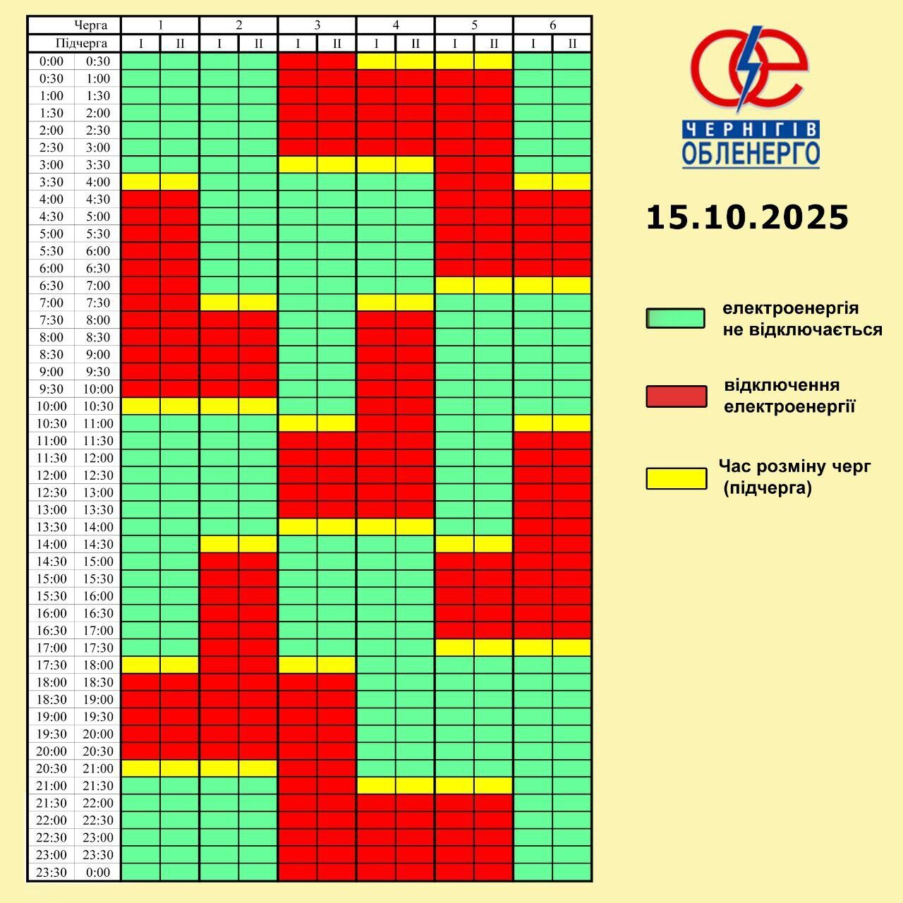 Графік відключень електроенергії в Чернігові та області