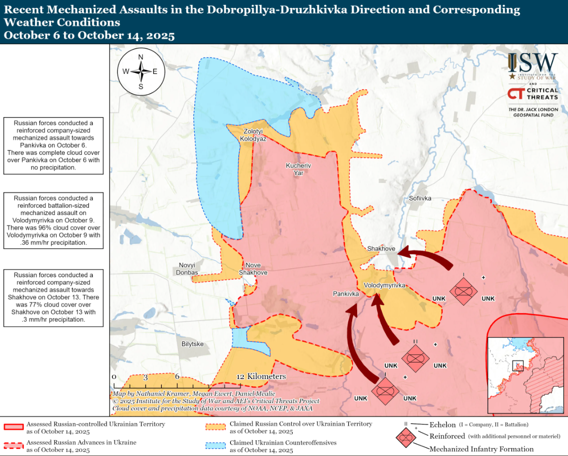 Российские войска возобновили механизированные штурмы в Донецкой области: в ISW оценили, что стоит за атаками и как враг использует погоду. Карта