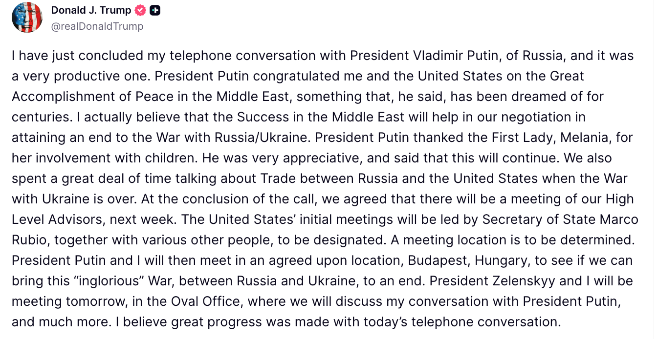 "Посмотрим, сможем ли положить конец этой бесславной войне": Трамп планирует встретиться с Путиным в Будапеште