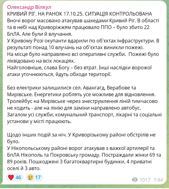 Окупанти вночі атакували Кривий Ріг, сталася пожежа: Зеленський заявив про системний терор проти енергетики