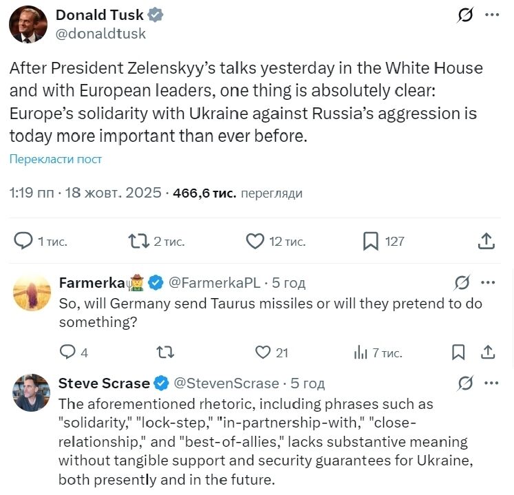 "Солидарность с Украиной важнее, чем когда-либо прежде": Туск – по итогам встречи в Вашингтоне