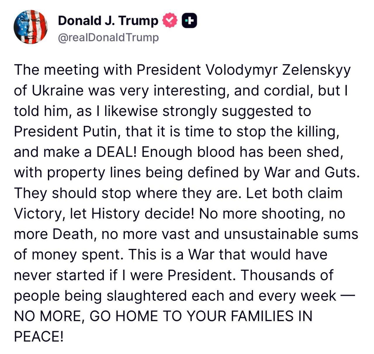 "Хватит пролитой крови, надо заключить сделку": Трамп подвел итоги переговоров с Зеленским