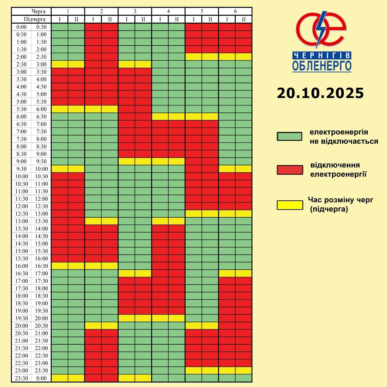 Графики отключений света в Чернигове и области