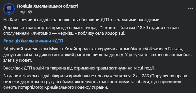 В Хмельницкой области авто слетело в кювет из-за лося, который внезапно выбежал на дорогу: водитель погиб. Фото