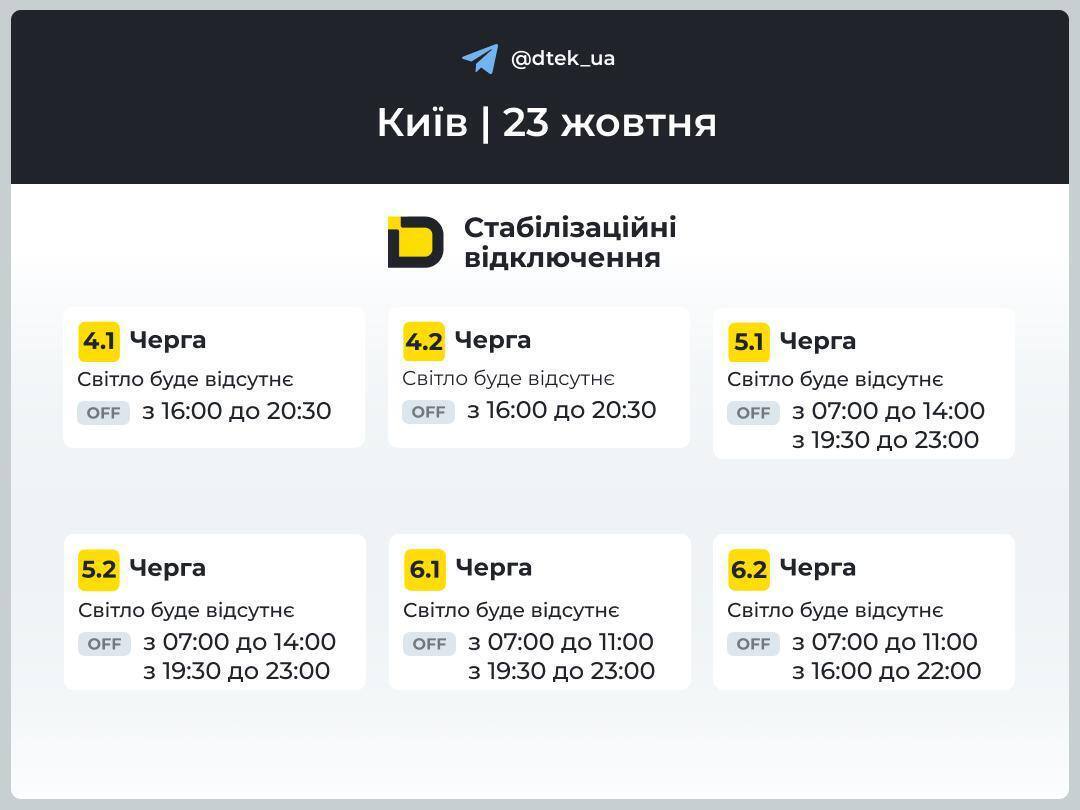 Новий графік погодинних відключень 23 жовтня для Києва