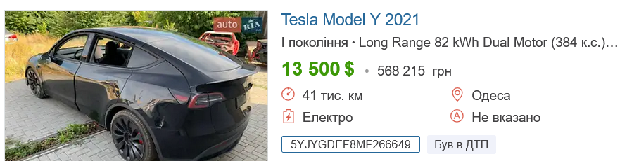Скільки коштує б/в TESLA Model Y в Україні