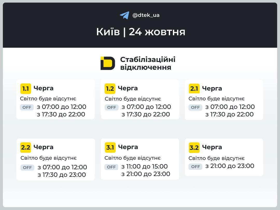 Графік відключення світла в Києві 24 жовтня