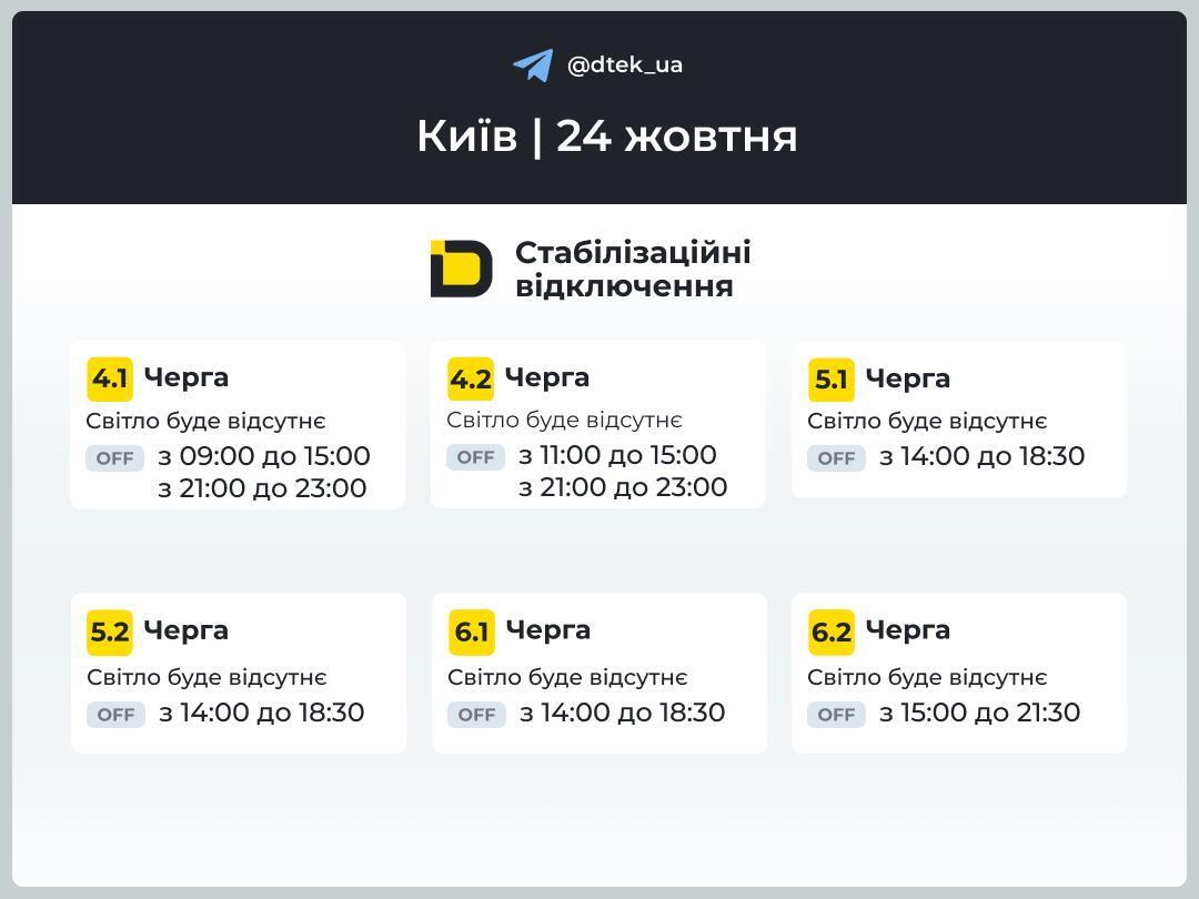 Графік відключення світла в Києві 24 жовтня