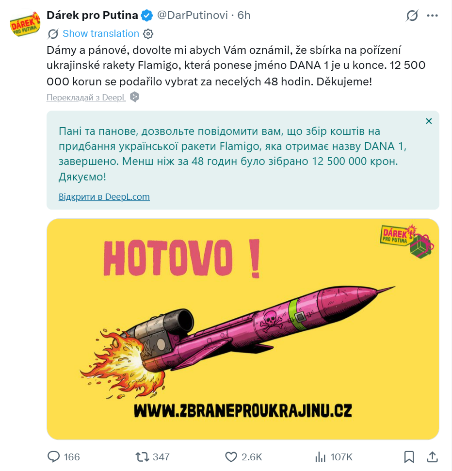 "Подарунок Путіну": чехи за один день зібрали $600 тис. на ракету "Фламінго", яка має влучити у Москву чи Санкт-Петербург