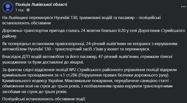 На Львовщине авто вылетело в кювет: пострадали два человека. Фото