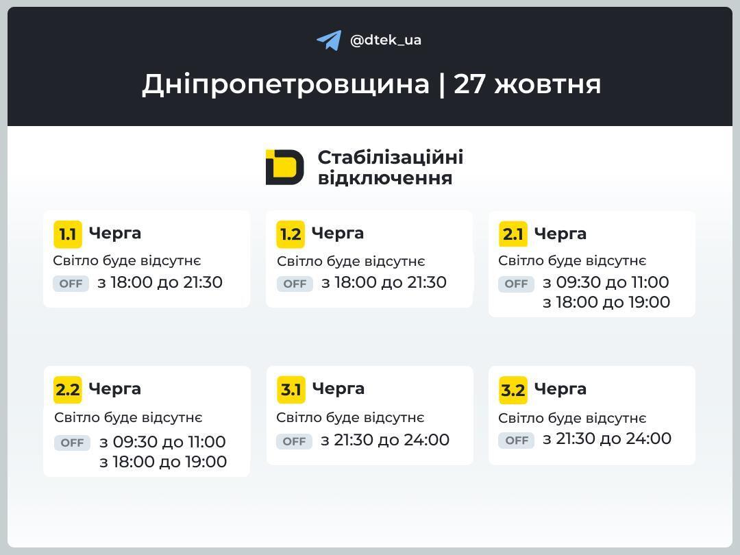 Графік відключень світла в Дніпропетровській області