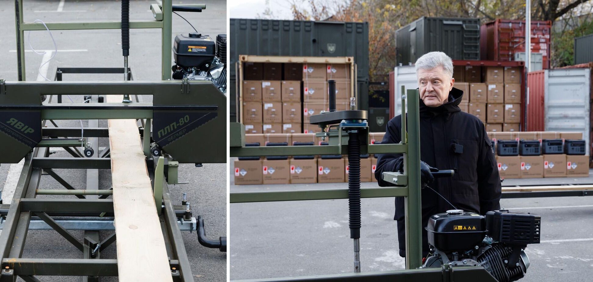 Зарядні станції, шини  та пилорами: Порошенко підготував для фронту велику партію допомоги