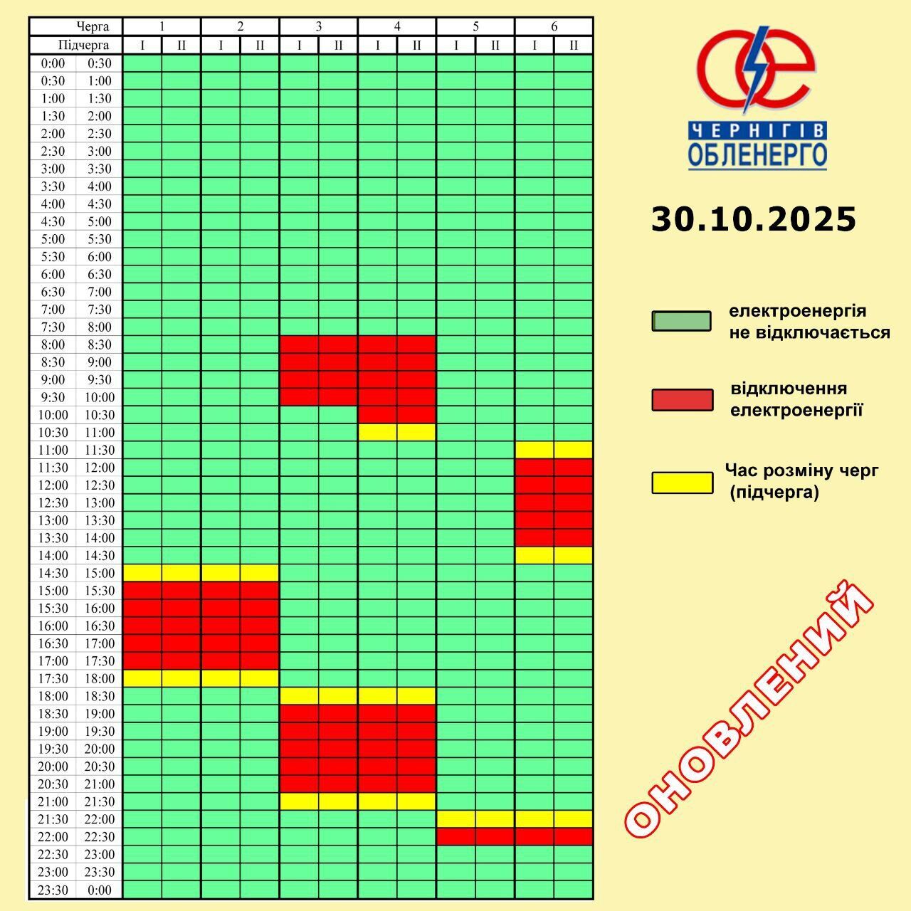 Графік відключення світла на Чернігівщині