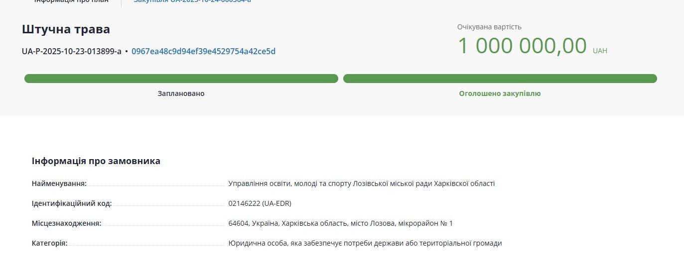 Оголошений тендер на закупівлю штучної трави