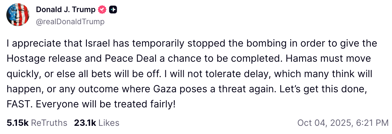 ХАМАС має звільнити ізраїльських заручників негайно: Трамп зробив жорстке попередження