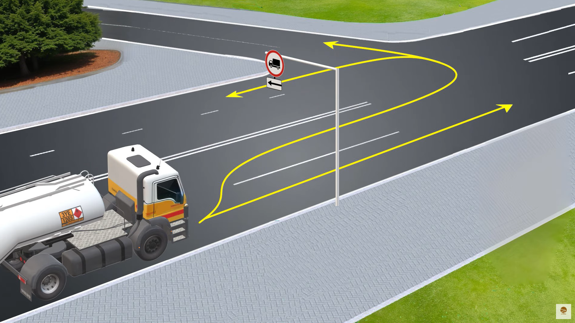 Куда разрешено продолжить движение грузовику? Задание по ПДД