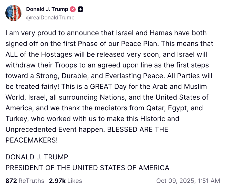 Израиль и ХАМАС подписали первую фазу мирного плана: Трамп сказал, что она предусматривает