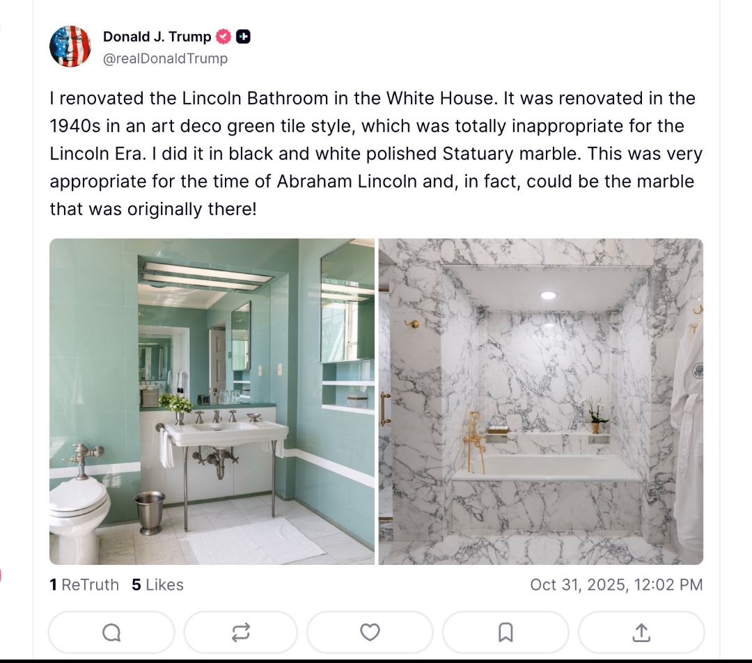 Під час шатдауну Трамп продовжує ремонт у Білому домі: оздобив мармуром ванну кімнату Лінкольна. Фото