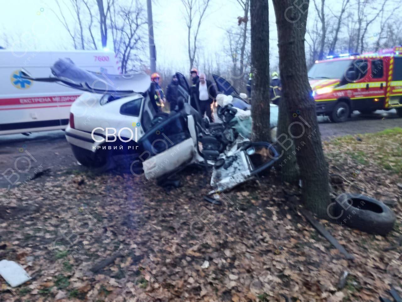 Авто влетело в дерево: в Кривом Роге в ДТП погиб человек, еще двое пострадали. Фото и видео