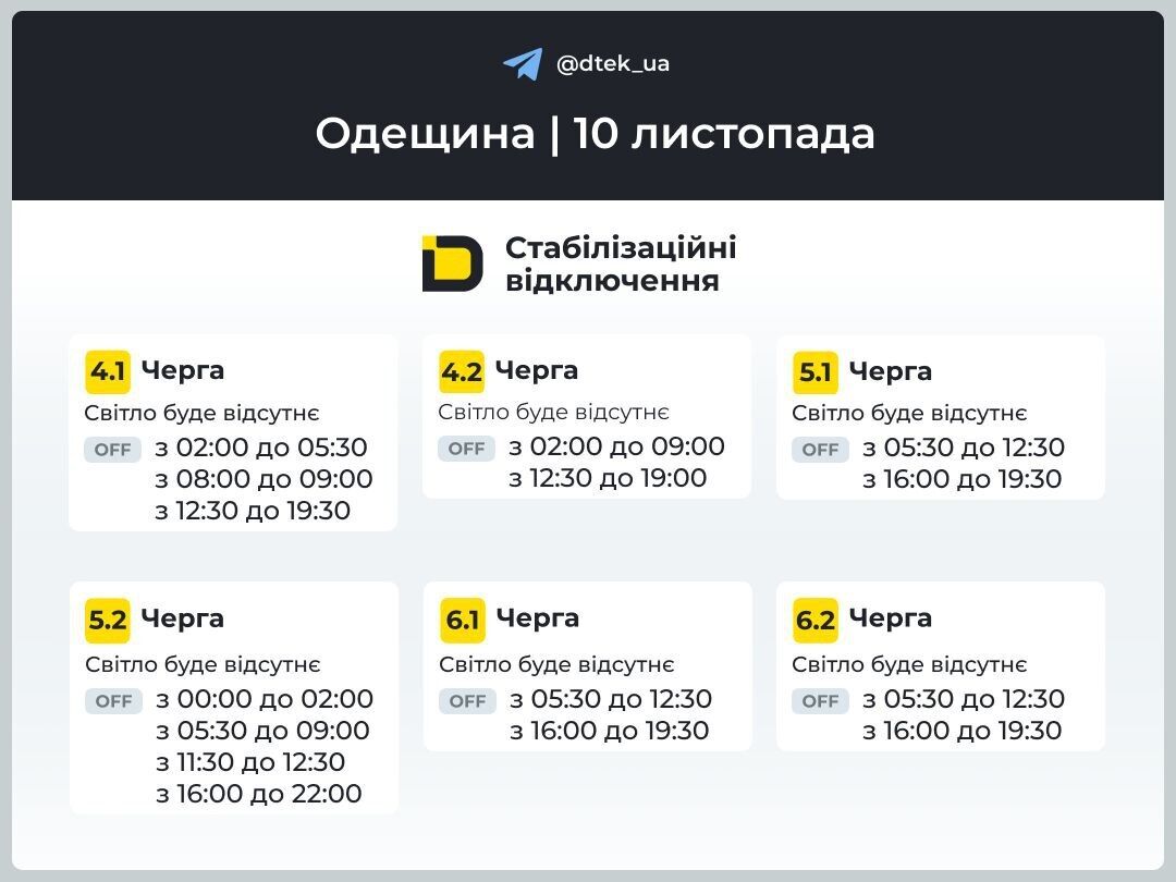 Графік відключення електроенергії в м. Одеса та області
