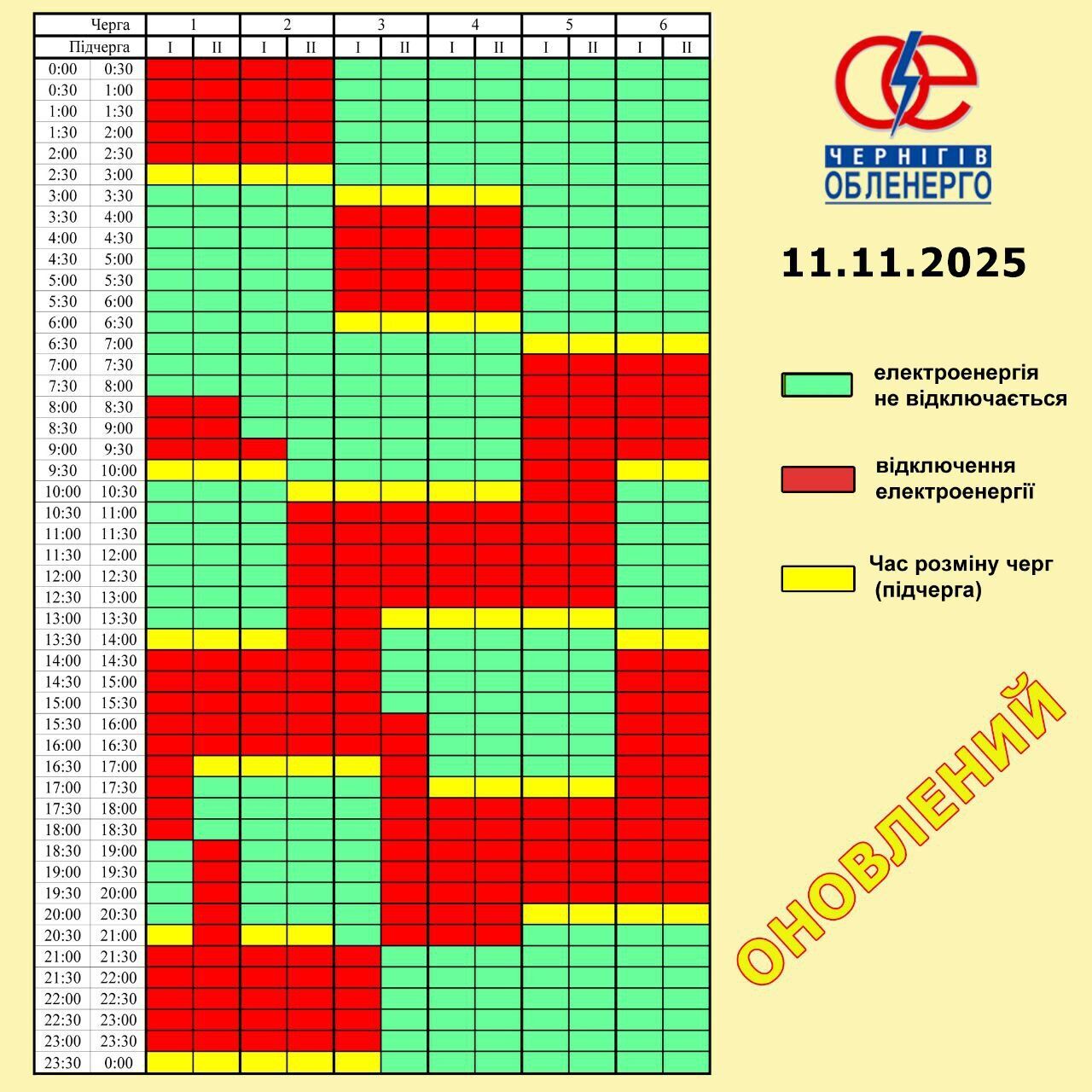 Оновлений графік відключення електроенергії в Чернігівській області