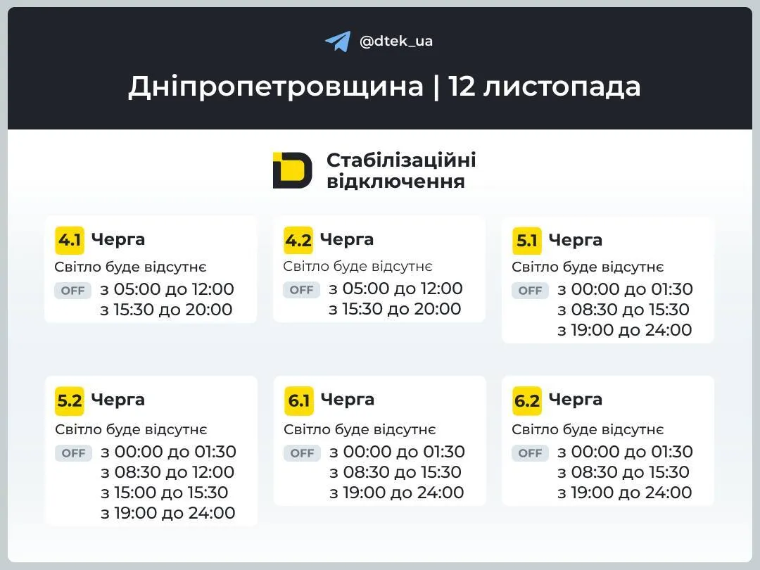 Графік вимкнення електроенергії в Дніпрі та області