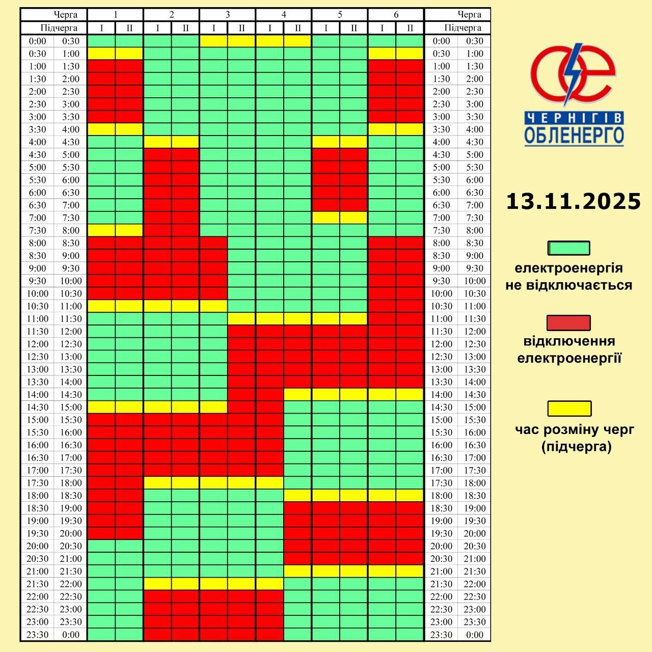 Графік відключення електроенергії в Чернігівській області