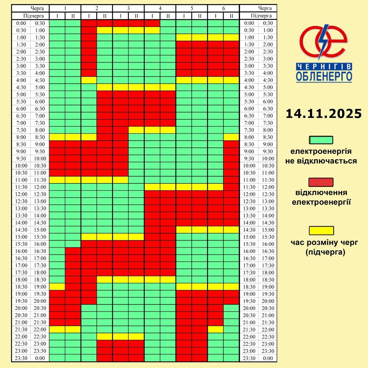 Графік відключення електроенергії в Чернігівській області