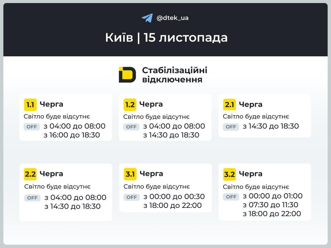 Графік відключень в Києві: 1-3 групи