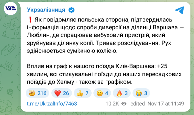 Как подрыв путей повлиял на поезда "Укрзалізниці"
