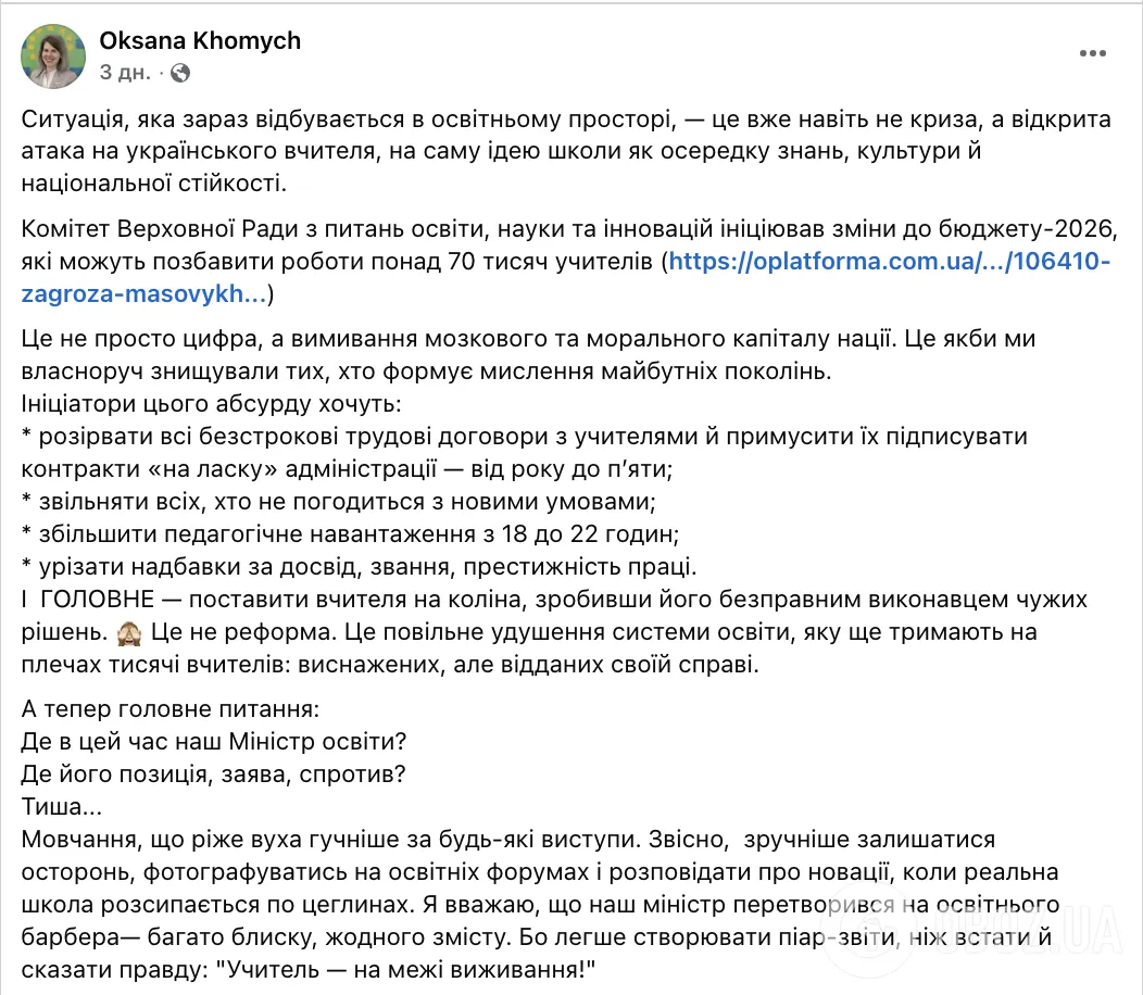 "Это открытая атака на украинского учителя". Доктор философии забила тревогу из-за идей образовательного комитета ВР