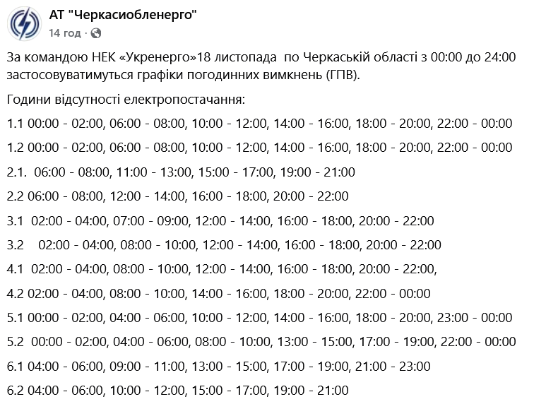 Графіки відключень для Черкаської області