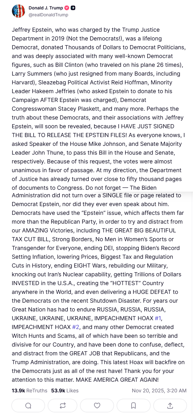 Трамп заявил, что подписал законопроект об обнародовании "файлов Эпштейна", и сделал упрек в адрес демократов