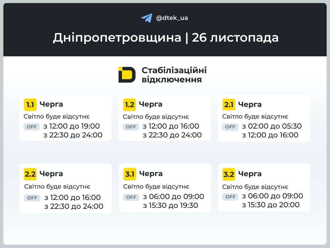 Графік вимкнення електроенергії в Дніпрі та області