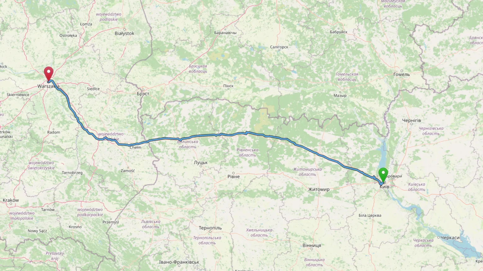Маршрут поезда Киев – Варшава. Карта