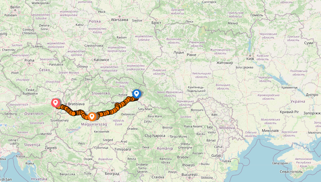 Карта маршрута Ужгород – Вена через Будапешт