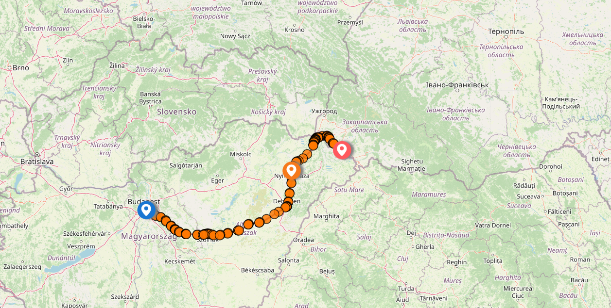 Будапешт – Ньиредьхаза – Берегово. Карта маршрута