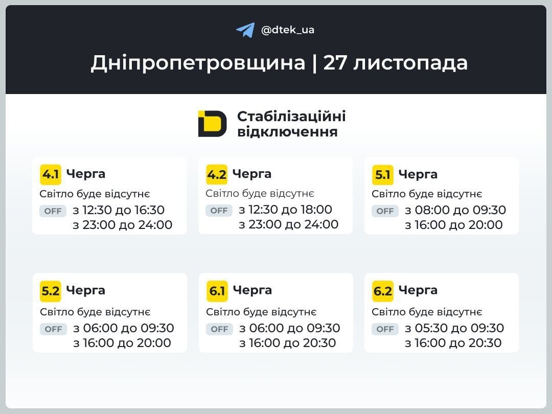 Графік відключення світла в Дніпрі та області