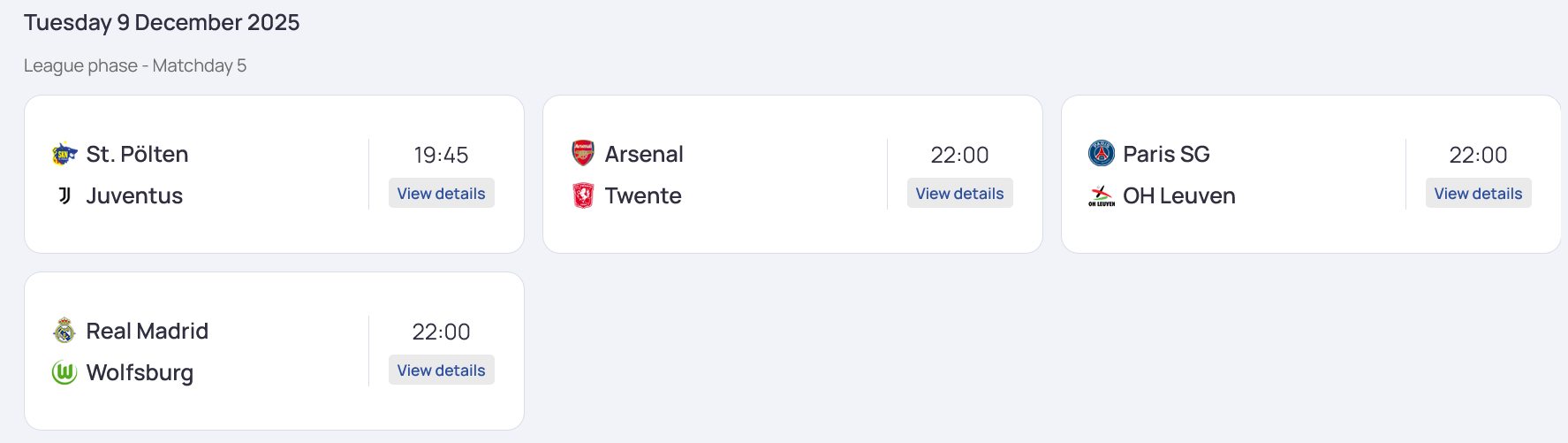Расписание матчей 5 тура женской Лиги чемпионов