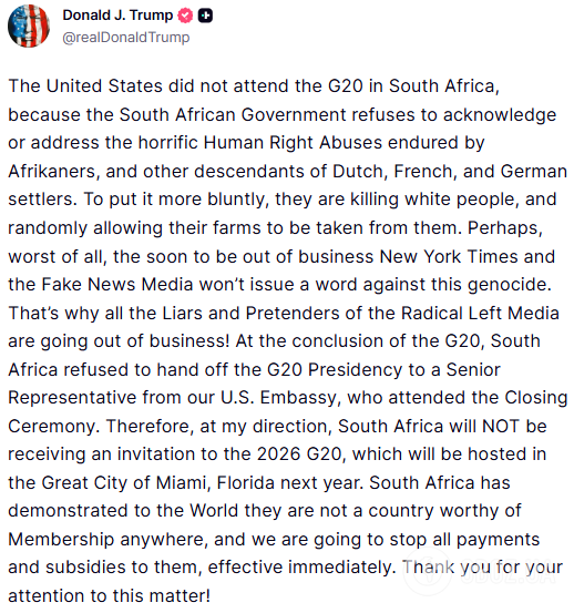 "Убивают белых людей": Трамп заявил, что Южная Африка не получит приглашение на саммит G20 в Майами