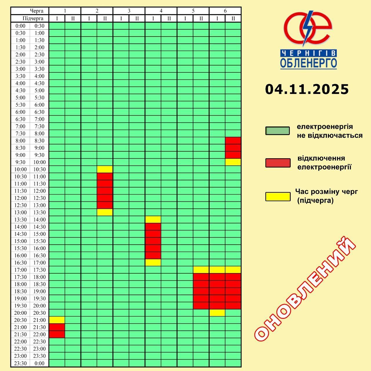 Оновлений графік відключення електроенергії в Чернігівській області