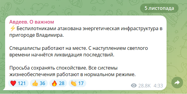 Дрони атакували "стратегічну" підстанцію у Володимирській області. Відео