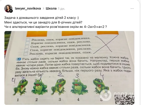 "Мені здається, чи це занадто для 8-річних дітей?" Мережу спантеличила задача про жаб з підручника для 2 класу