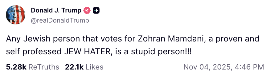 Отрицает существование государства Израиль: Трамп обозвал дураками евреев, которые на выборах мэра Нью-Йорка голосовали за антисемита Мамдани