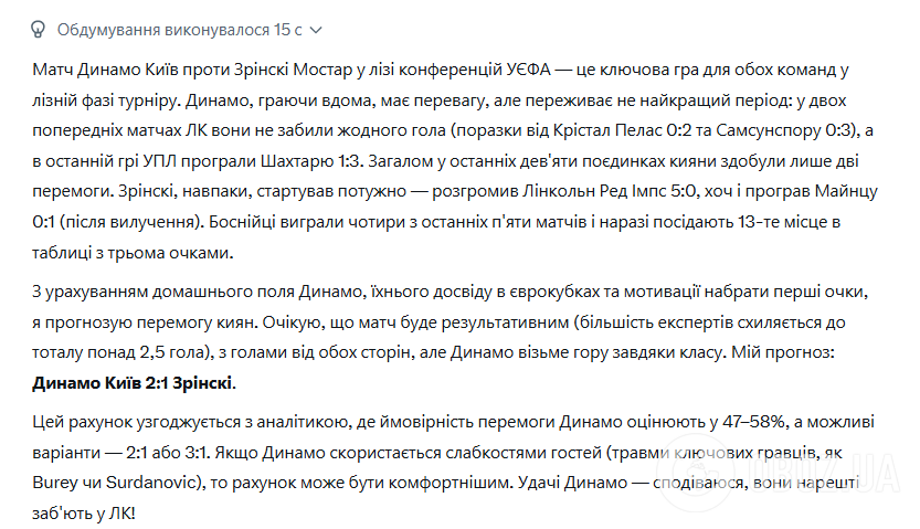 Штучний інтелект відповів, чи зможе "Динамо" вперше в історії виграти матч Ліги конференцій