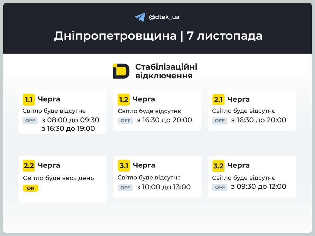 Графік вимкнення світла у Дніпропетровській області