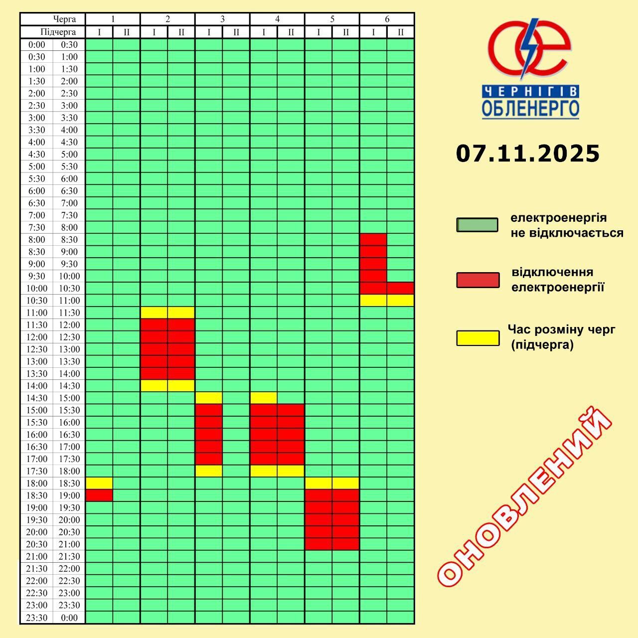 Графік вимкнення світла в Чернігівській області